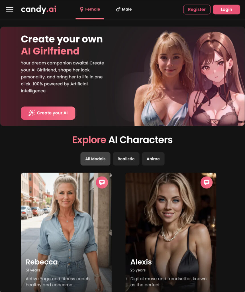 Candy.ai for virtual celebrity girlfriend experience.
